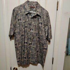Tori Richard L Men Hawaiian Shirt Beige Black 100% Cotton Lawn Floral EUC